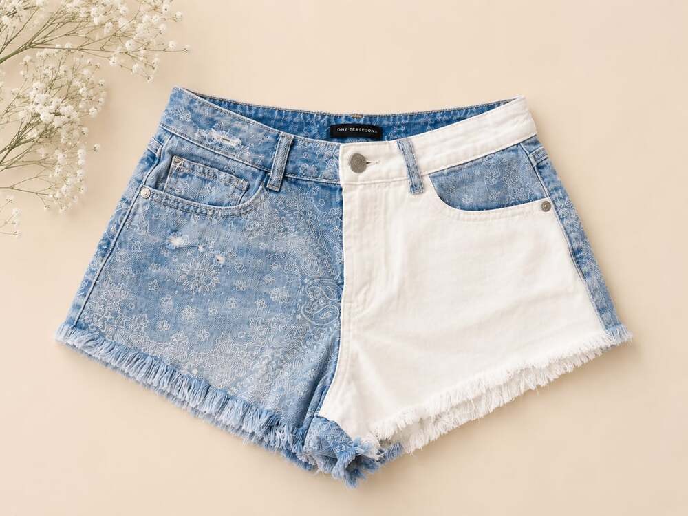 Sincerely Jules Two-Tone Bandana Paisley Print Raw Hem Denim Shorts (e)